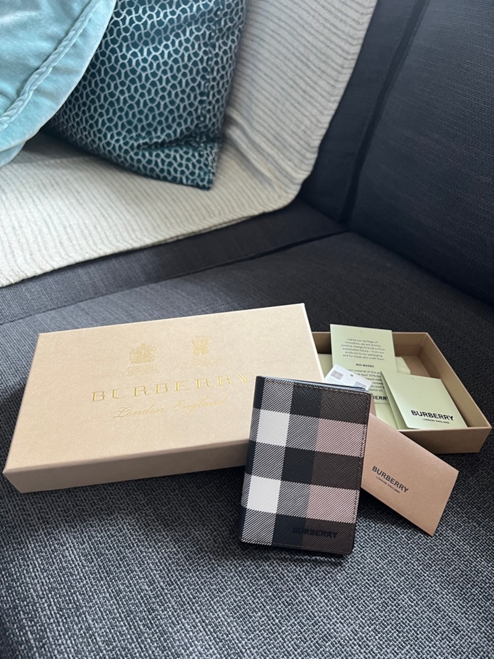 Burberry Check Card & Key Holder in Black, White & Beige